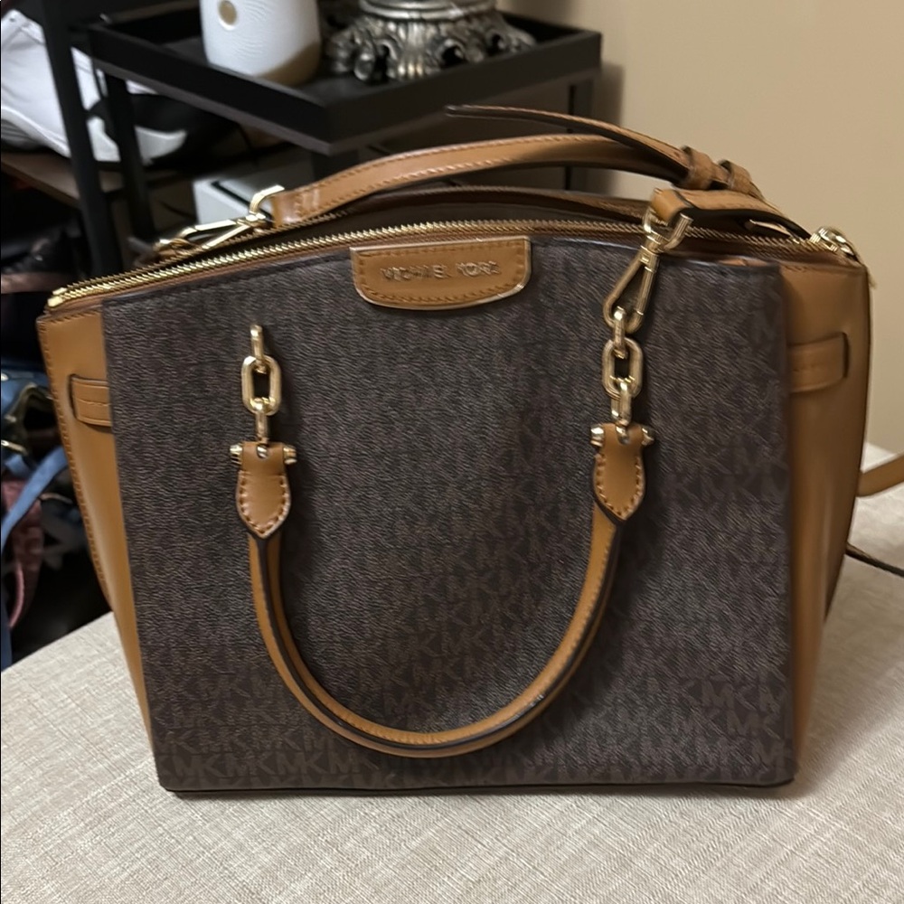 Michael Kors Brown and Tan Satchel with Gold Hardware